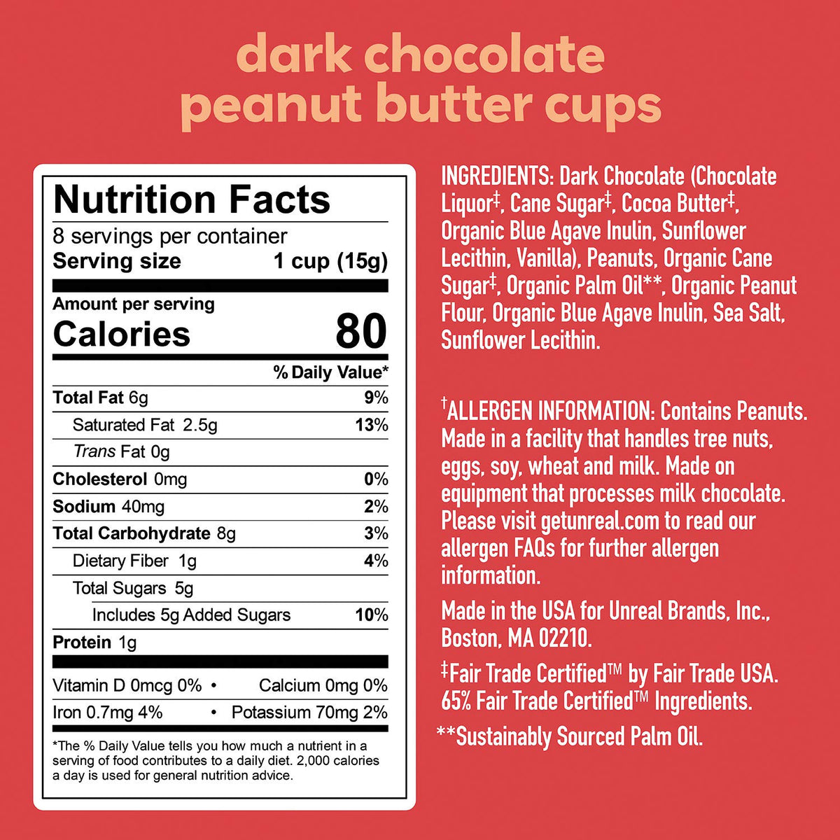 UNREAL Peanut Butter Cups bag highlighting creamy filling and chocolate
