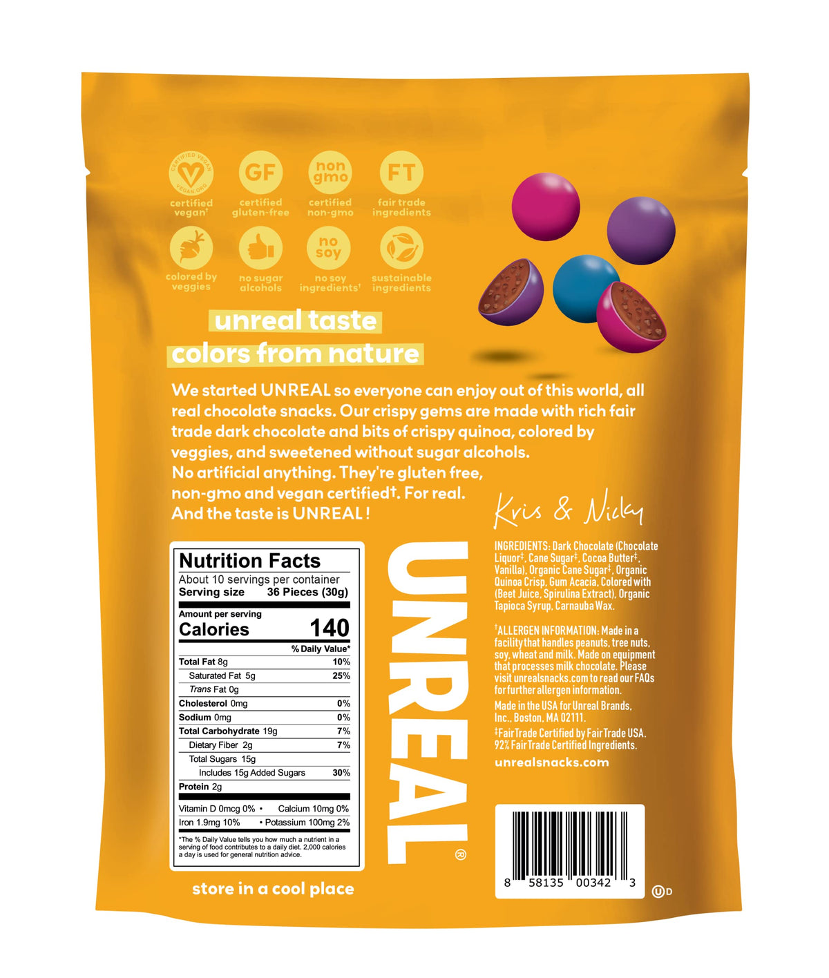 UNREAL brand fair trade packaging shown on shelf with eco friendly credentials.