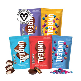 UNREAL vegan variety pack box showing all five flavors for easy sampling