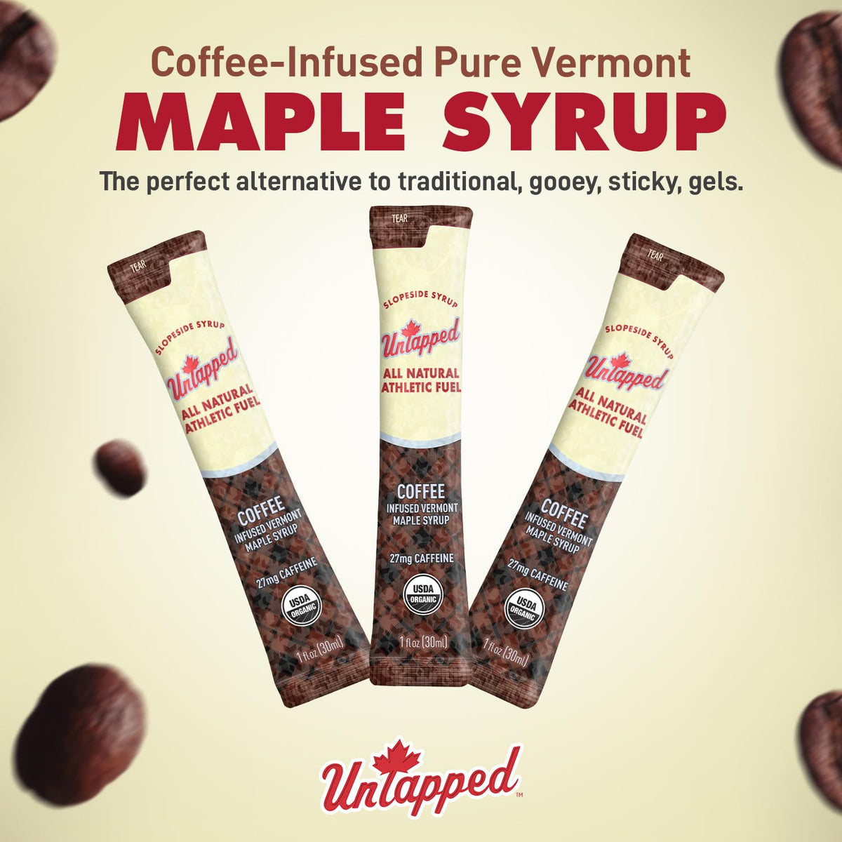 Untapped syrup box packaging highlighting portable athletic fuel.