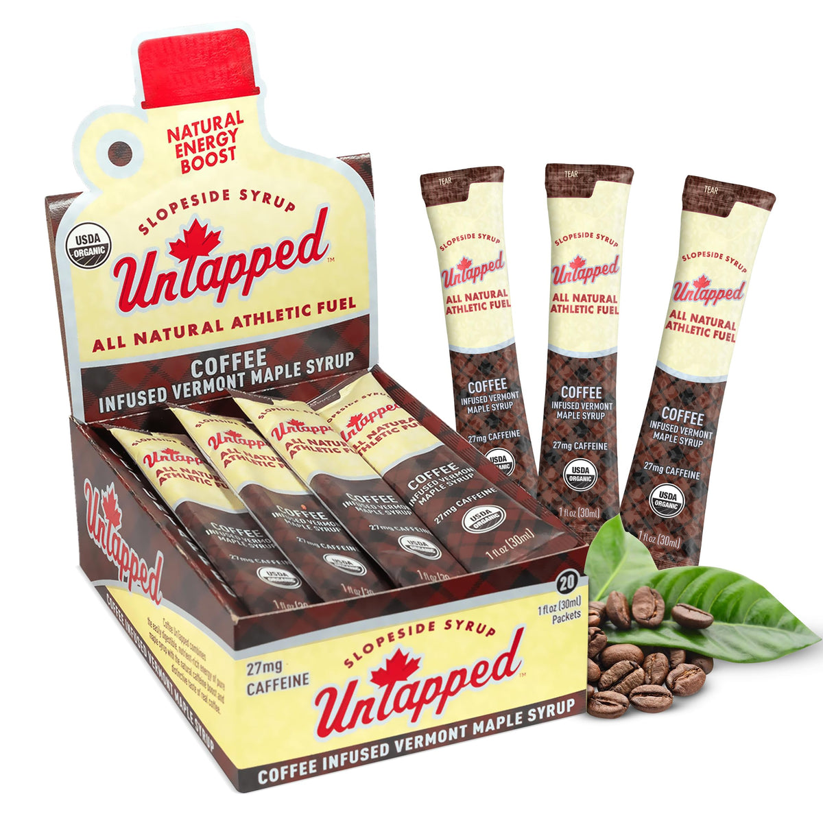 Untapped coffee-infused maple syrup packet front for on-the-go energy.
