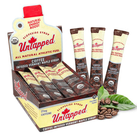 Untapped coffee-infused maple syrup packet front for on-the-go energy.