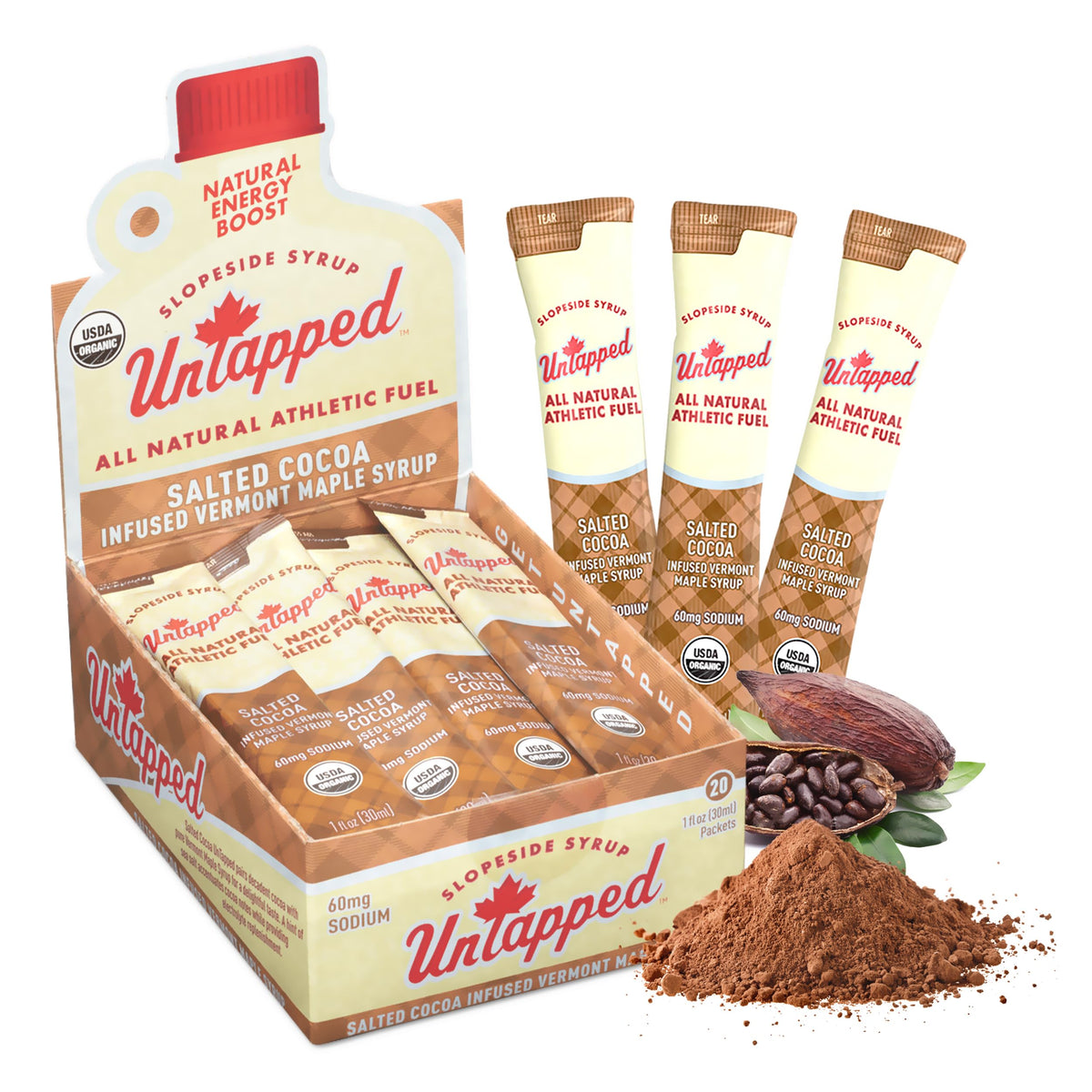 Untapped salted cocoa maple syrup packet for on-the-go fueling.