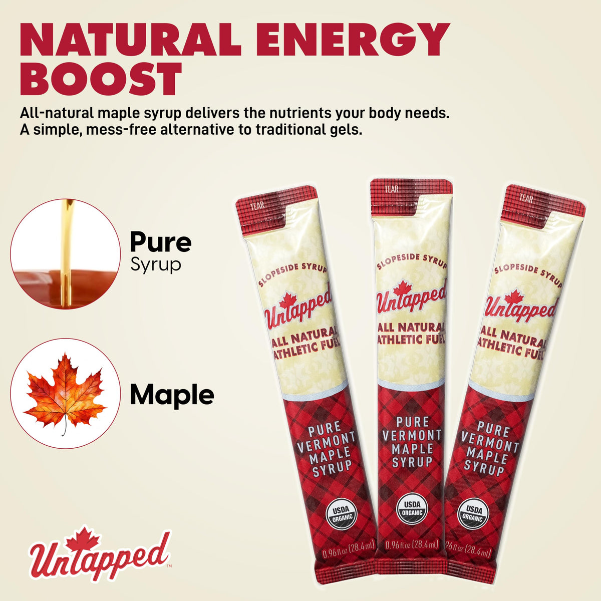 Untapped Vermont maple syrup packet hiking buddy delivering energy on the trail