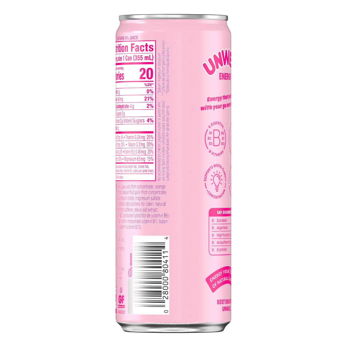 Unwell Energy ingredients label close-up shows real juice and nutrients.