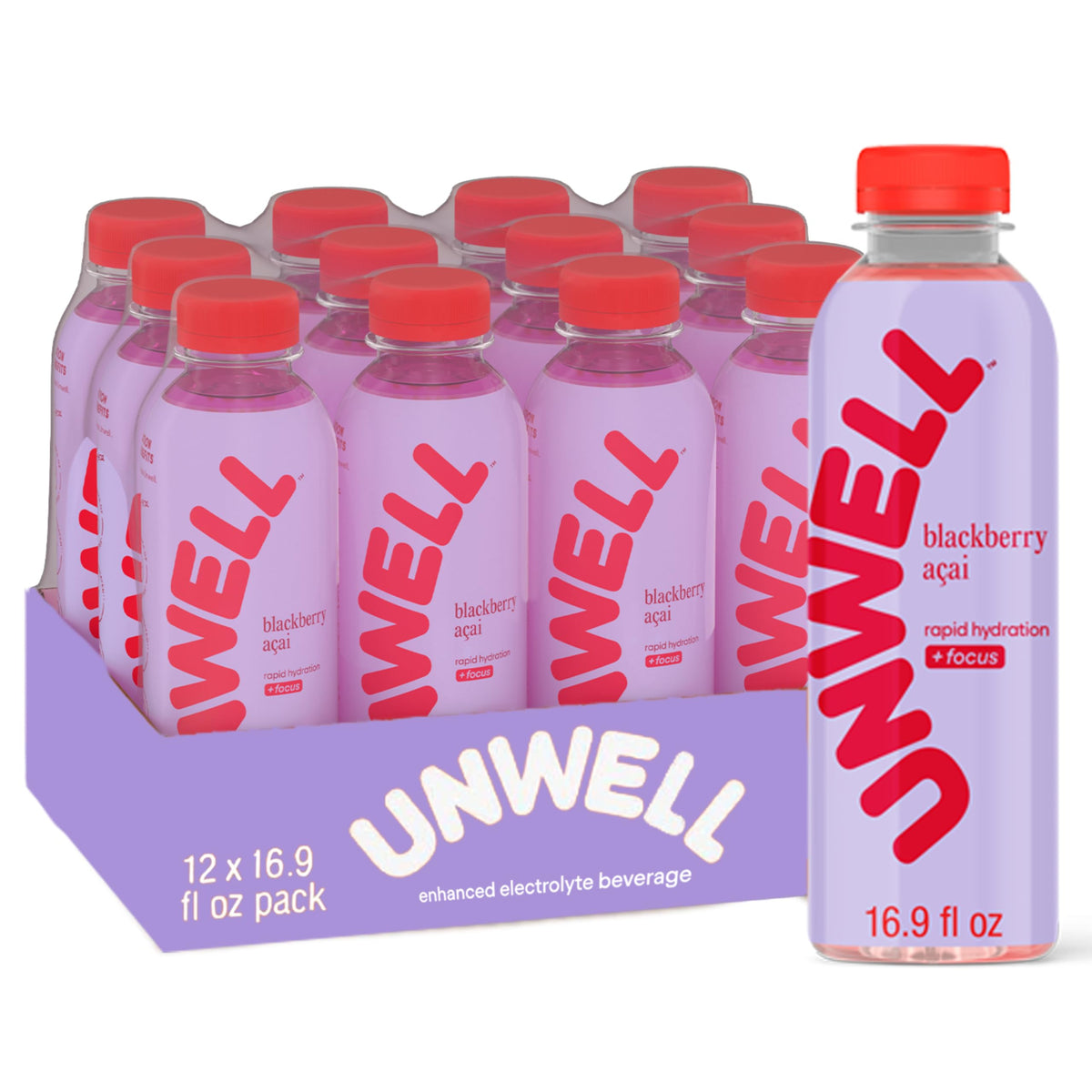 Unwell Hydration bottle with blackberry acai delivers refreshing electrolyte support for workouts.