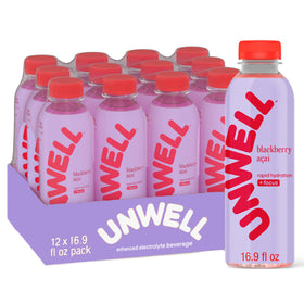 Unwell Hydration bottle with blackberry acai delivers refreshing electrolyte support for workouts.