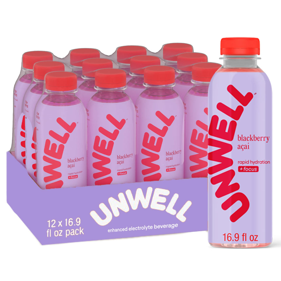 Unwell Hydration bottle with blackberry acai delivers refreshing electrolyte support for workouts.