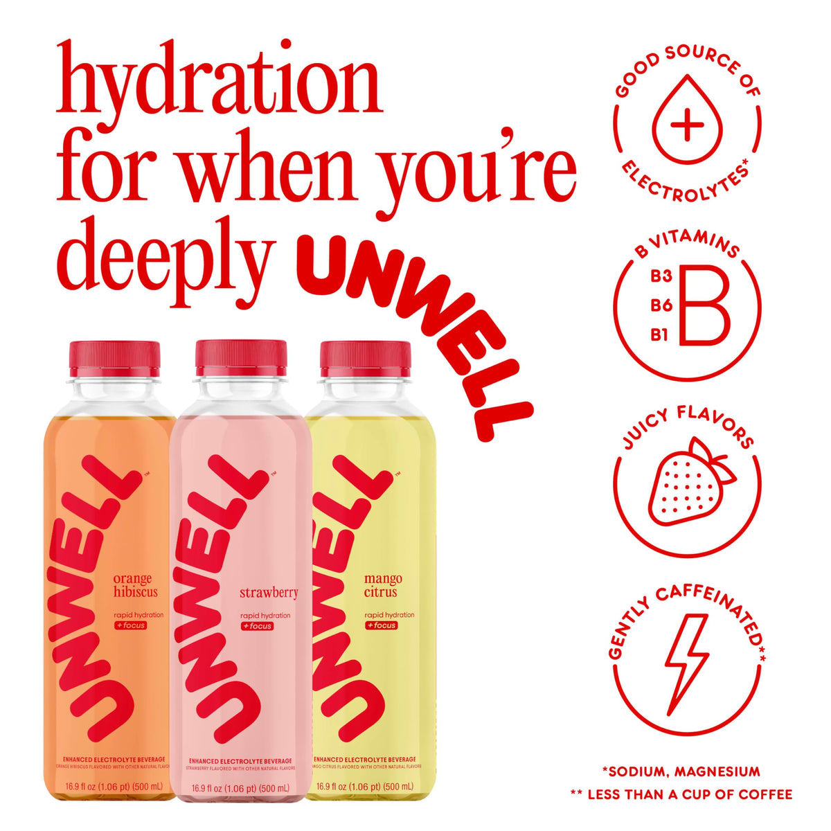 Unwell Hydration electrolyte graphic showcases essential minerals for balanced hydration.