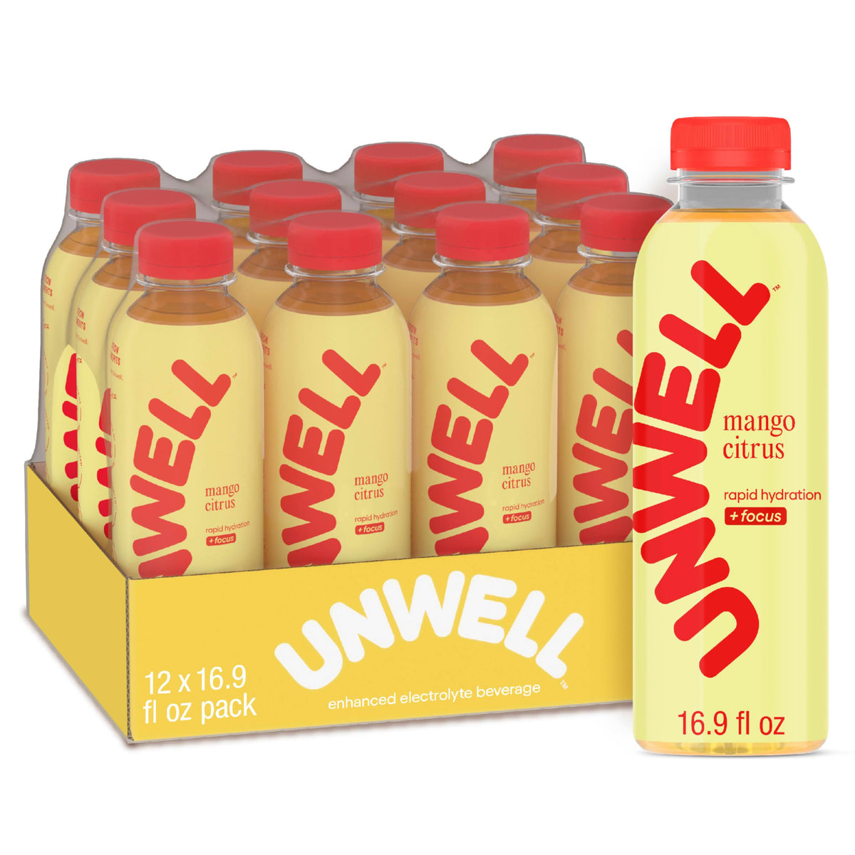 Unwell Hydration mango citrus bottle showing electrolyte blend for quick refreshment.