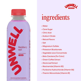 Unwell Hydration natural flavors banner shows berry and acai notes.