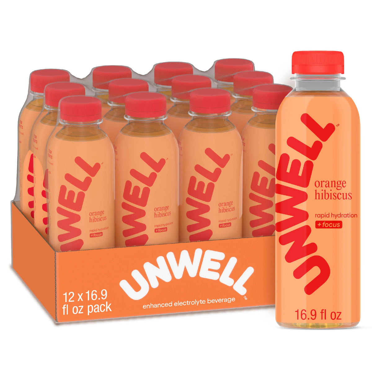 Unwell Hydration orange hibiscus bottle ready for on-the-go electrolyte replenishment.