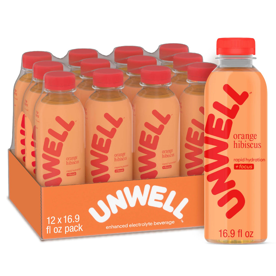 Unwell Hydration orange hibiscus bottle ready for on-the-go electrolyte replenishment.