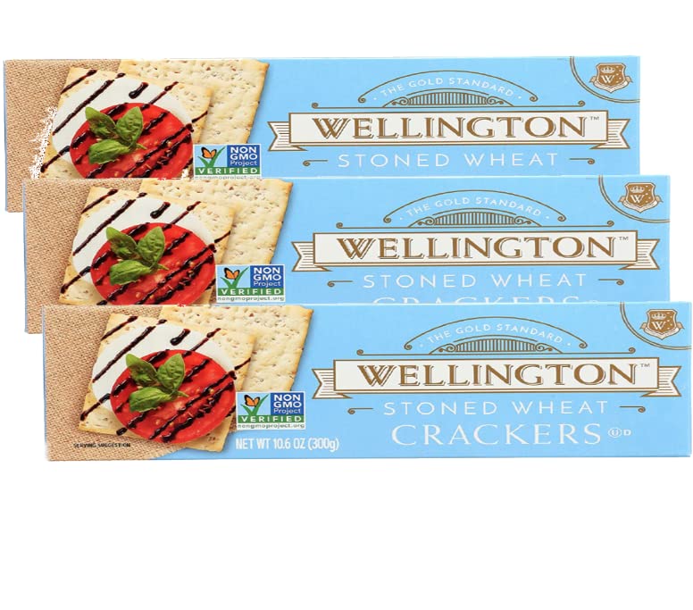 UpArrow Wellington Stoned Wheat Crackers three-pack packaging showing convenient, non-GMO snack