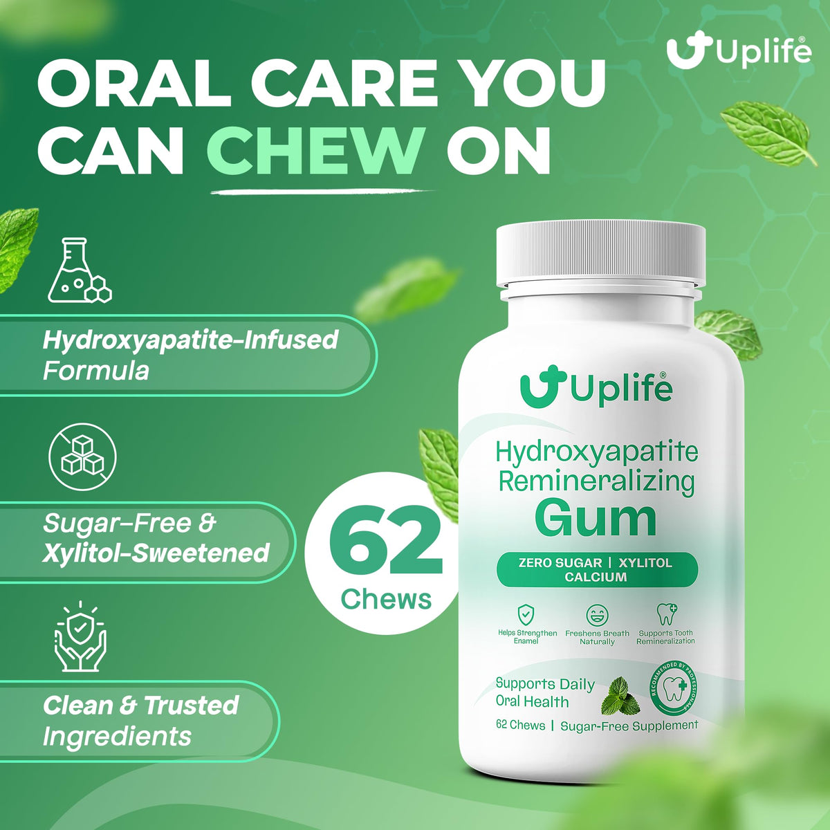 Close-up of gum pieces highlighting mint flavor and sugar-free formula