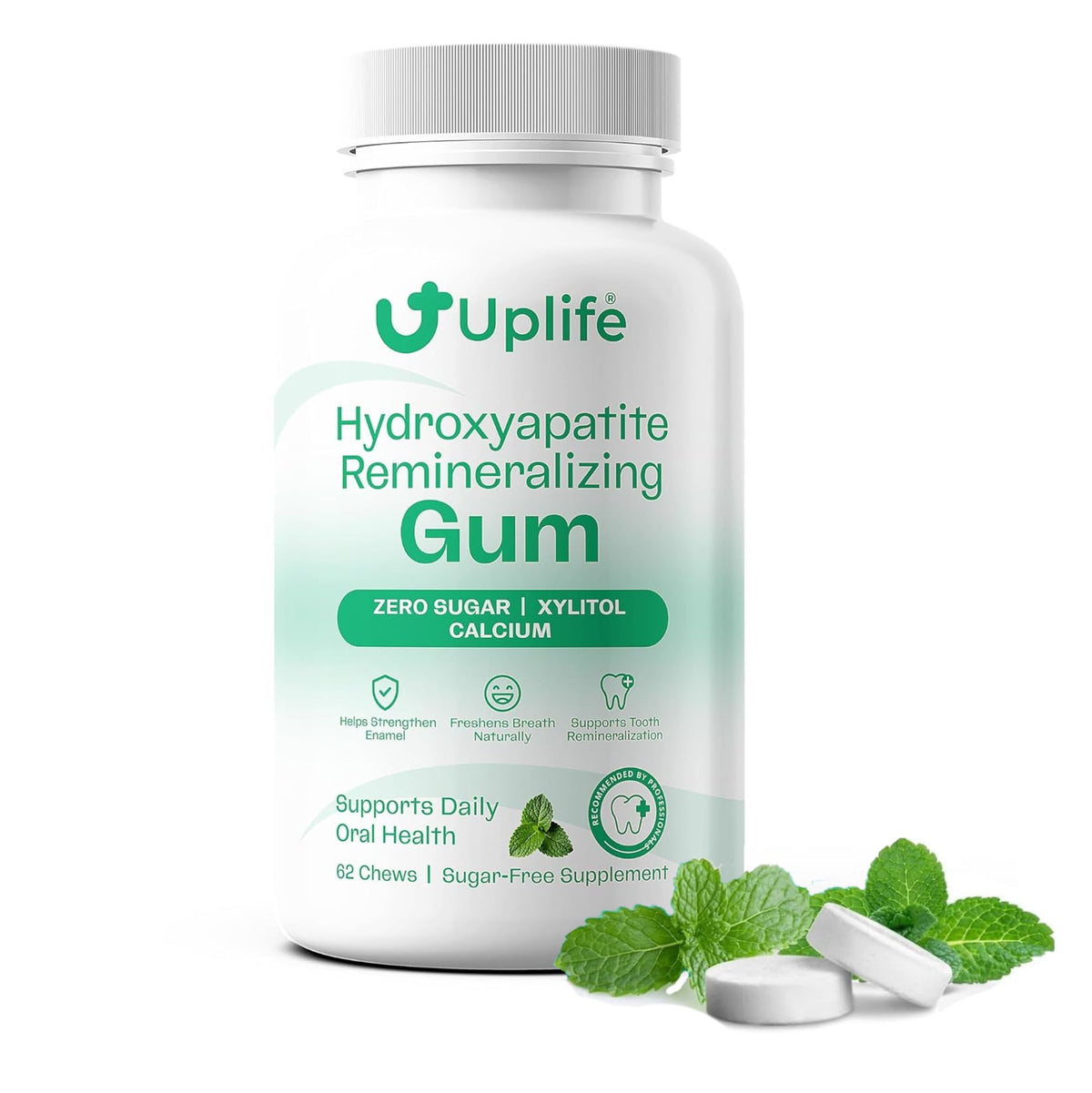 UPLIFE Hydroxyapatite Gum bottle front for daily enamel-care routine