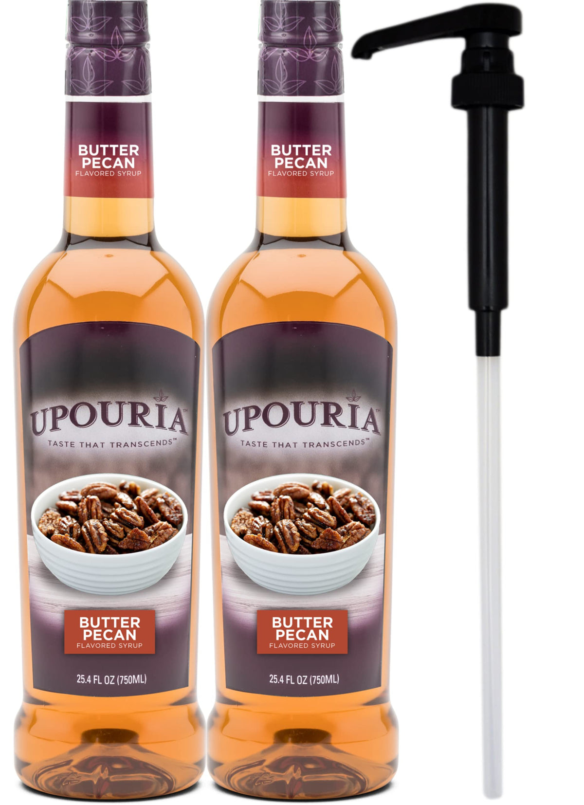 Upouria Butter Pecan Coffee Syrup bottle adds rich flavor to beverages.