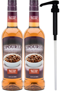 Upouria Butter Pecan Coffee Syrup bottle adds rich flavor to beverages.