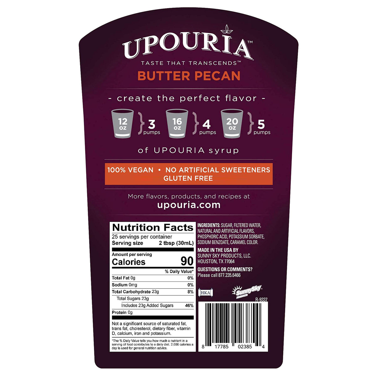 Packaging display of Upouria Butter Pecan Syrup with two bottles and pump