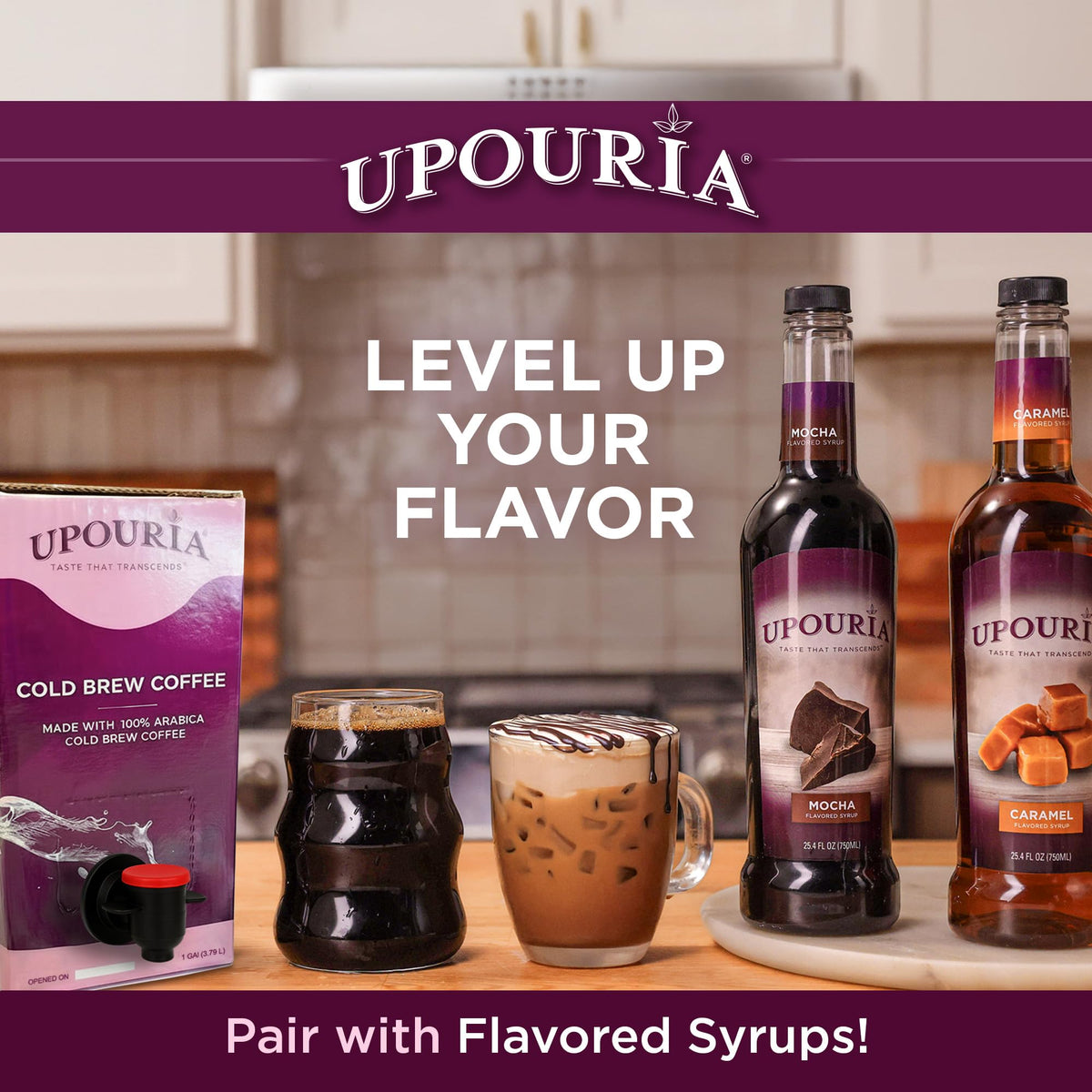 Close-up note shows 15 calories per serving of Upouria Cold Brew.