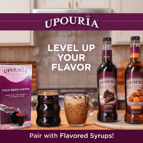 Close-up note shows 15 calories per serving of Upouria Cold Brew.