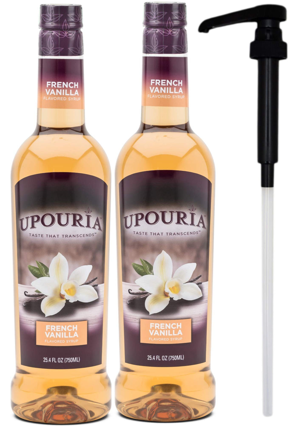 Upouria French Vanilla coffee syrup bottle with rich vegan flavor for beverages.