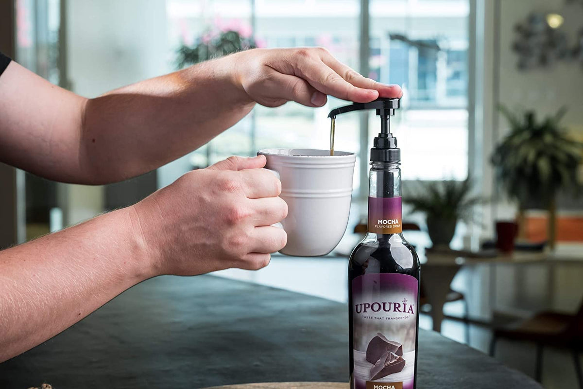 Upouria Mocha Boost syrup caffeine boost enhances morning beverages.
