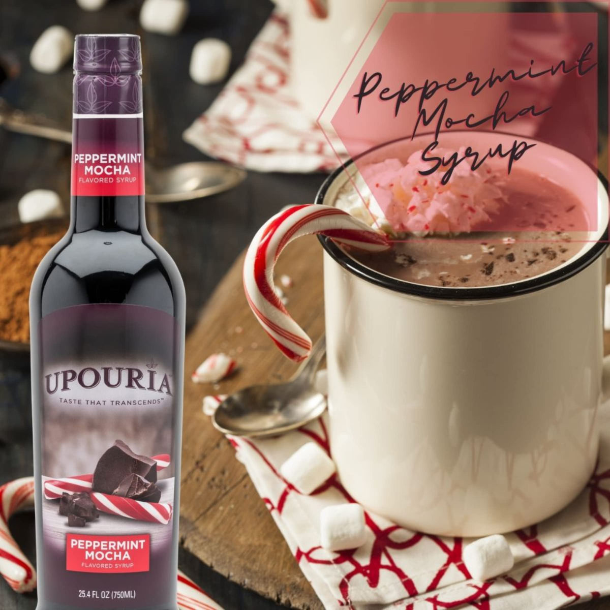 Poured over hot cocoa for a peppermint mocha flavor