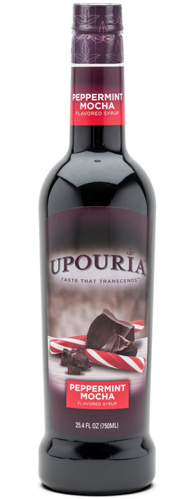 Close-up of the pump in use with UPOURIA Peppermint Mocha Syrup