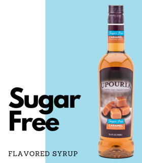 Pouring Upouria caramel syrup into coffee for a smooth finish