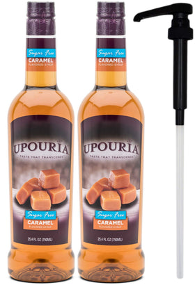 Upouria sugar-free caramel coffee syrup bottle showing rich flavor ideal for beverages