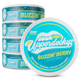 Upperdeckys Buzzin Berry energy pouch front view showing compact design and brand.