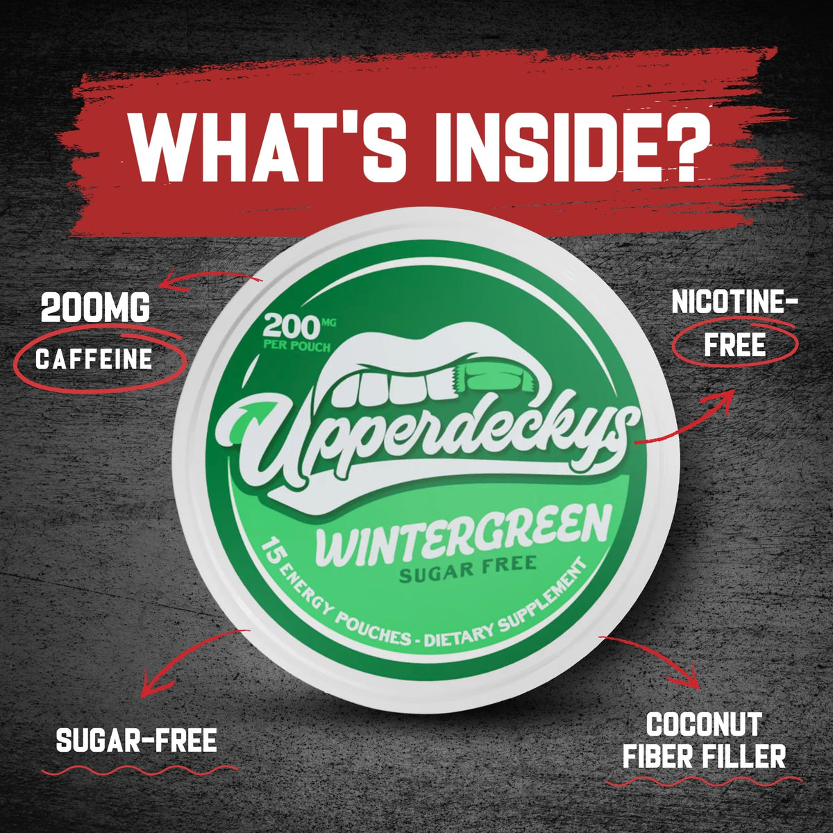 Upperdeckys caffeine energy pouches close-up showing smooth coconut-fiber texture.