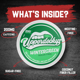 Upperdeckys caffeine energy pouches close-up showing smooth coconut-fiber texture.