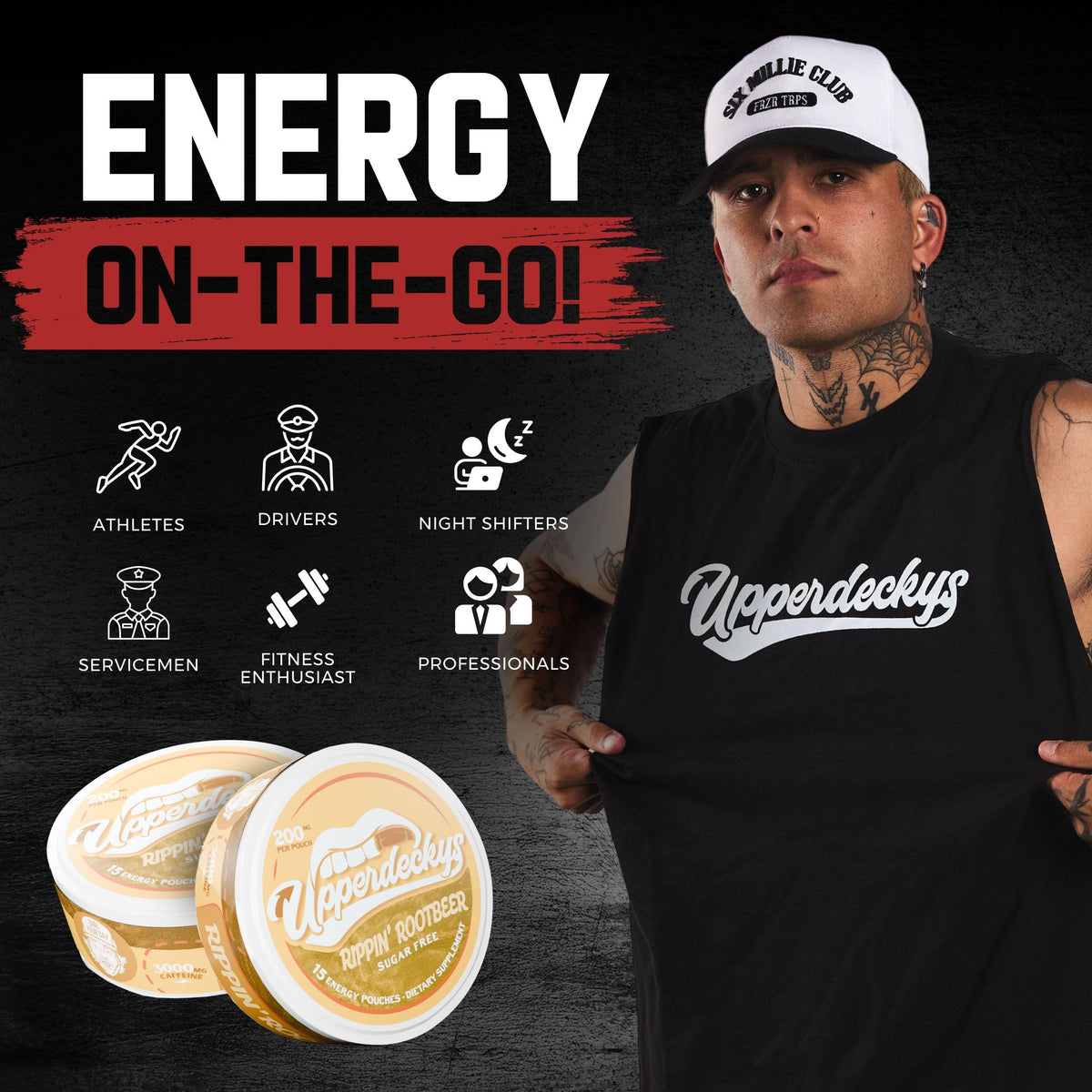 Upperdeckys Energy Pouches on-the-go illustrate quick, sugar-free energy and focus.