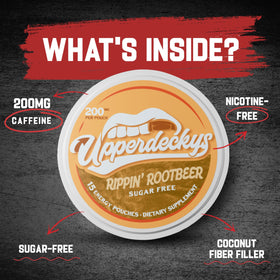 Upperdeckys Rootbeer Energy Pouches closeup highlights smooth coconut fiber filler and bold flavor.