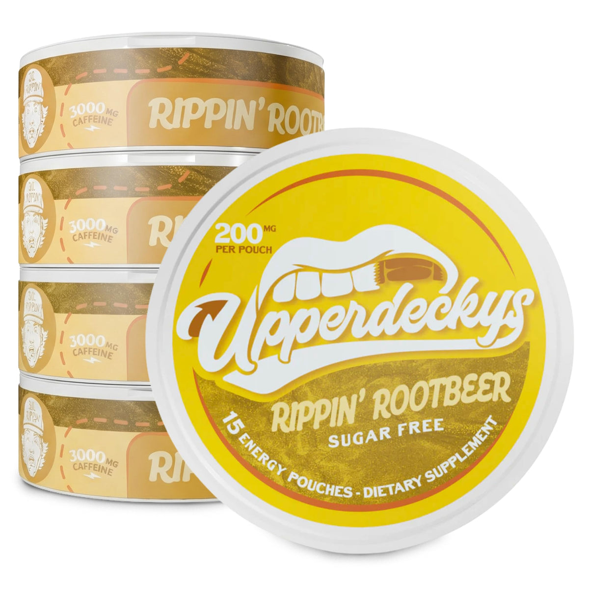 Upperdeckys Rootbeer Energy Pouches pack shows a convenient caffeine boost for on-the-go focus.
