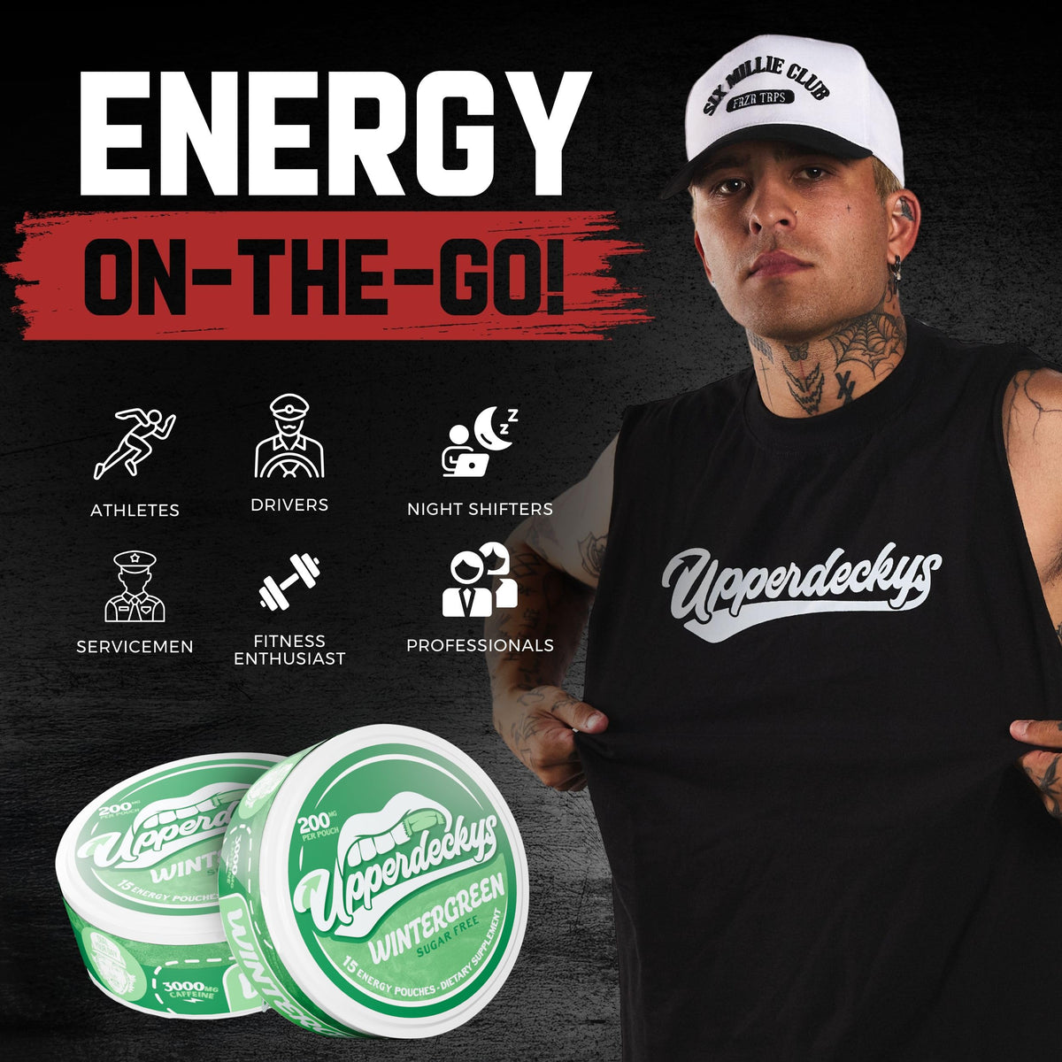 Upperdeckys caffeine energy pouches on-the-go for steady alertness.