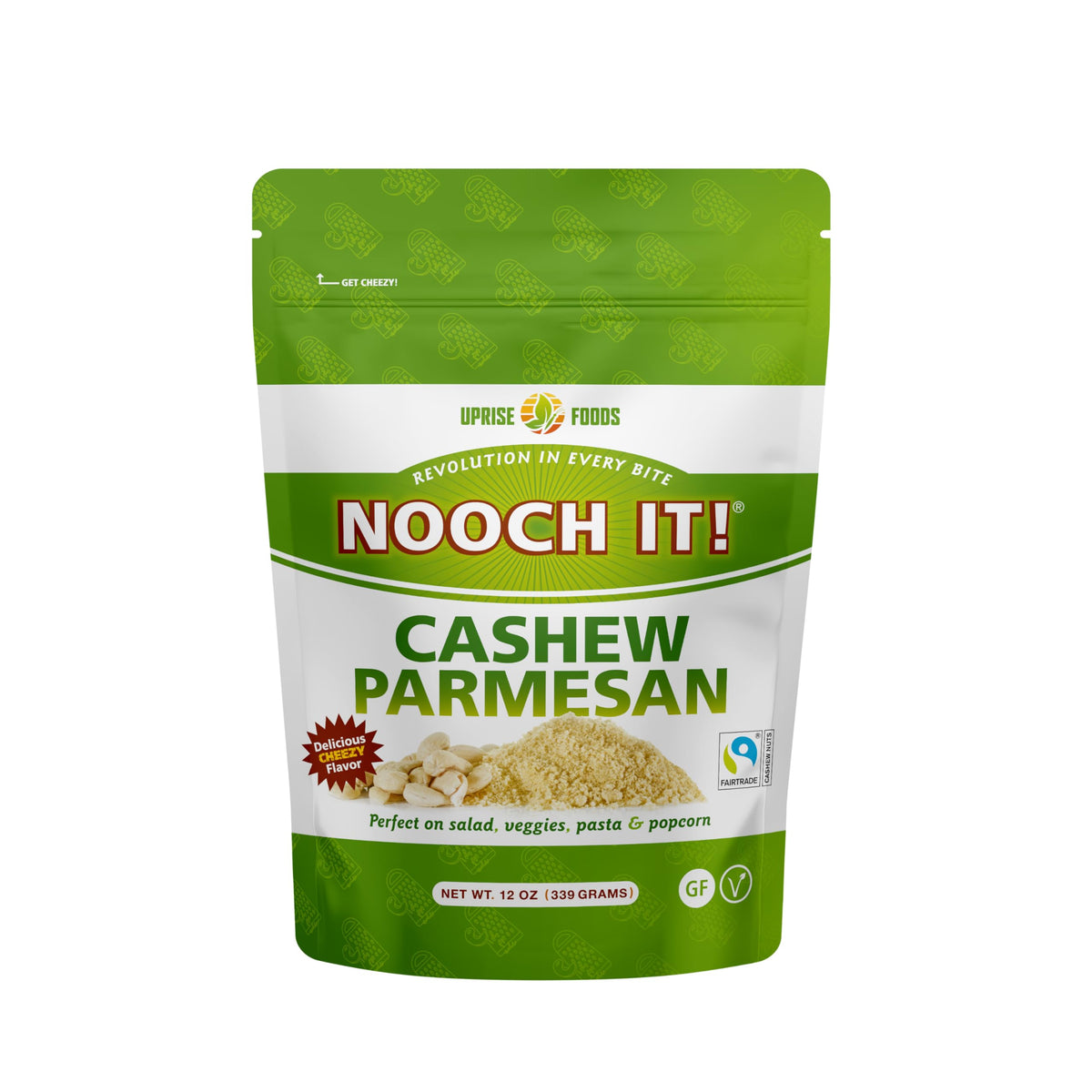 UPrise Foods NOOCH IT cashew parmesan jar adds rich, dairy-free flavor to meals.