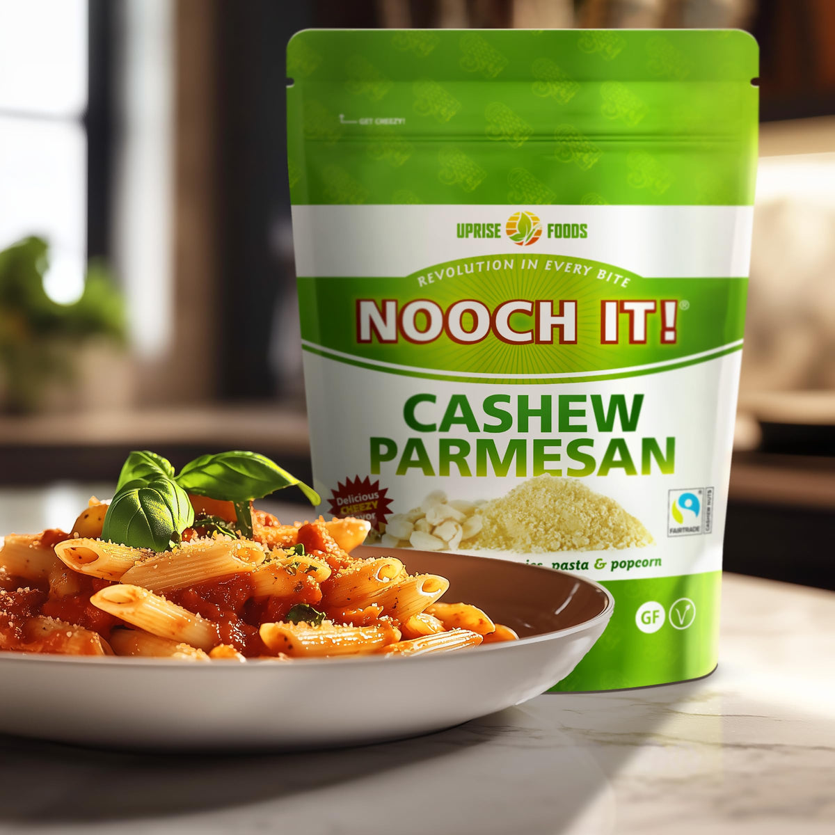 NOOCH IT parmesan powder dust on pasta creates a savory finish.