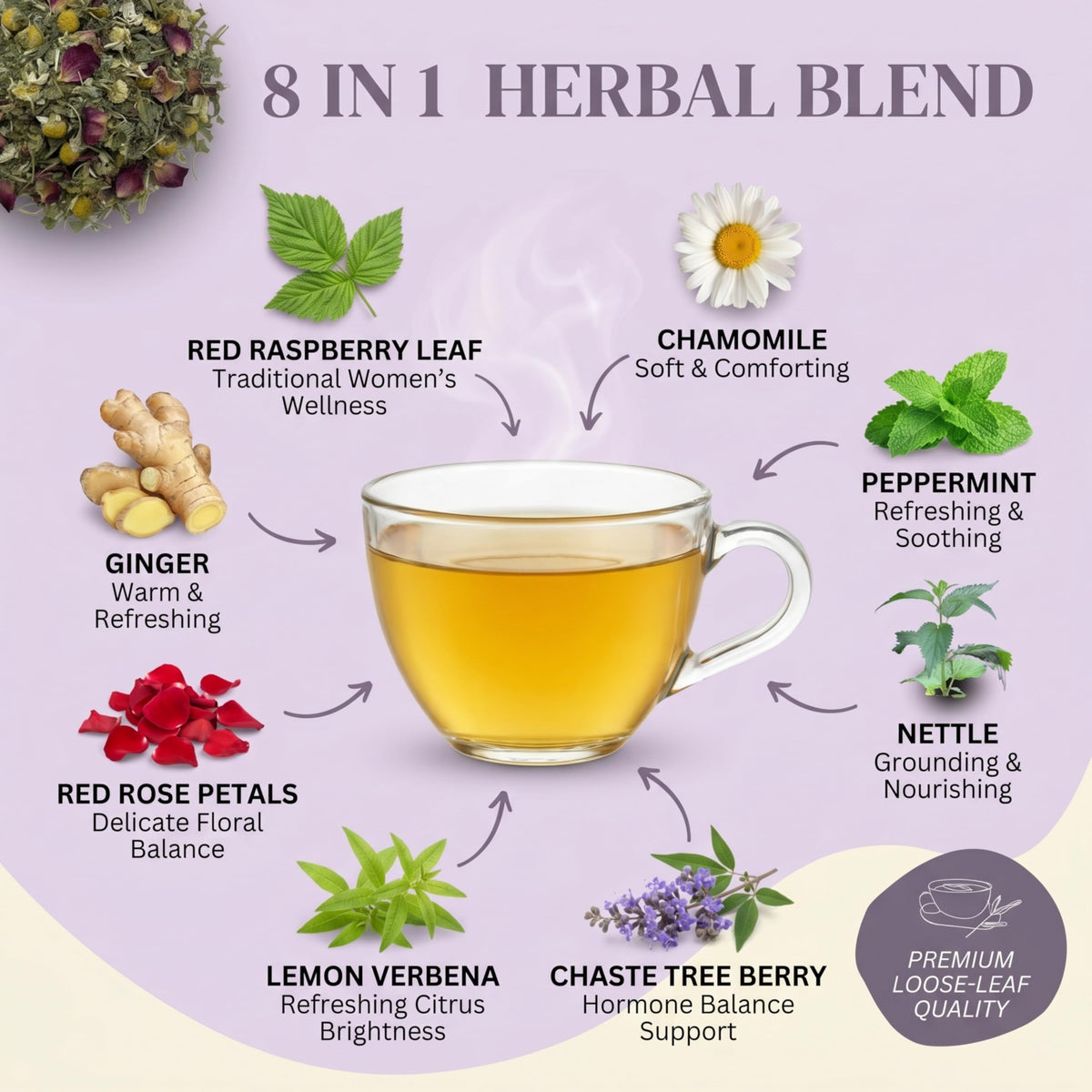 UR Happy Place Hormone Balance tea nettle leaf adds herbal depth and wellness vibes.