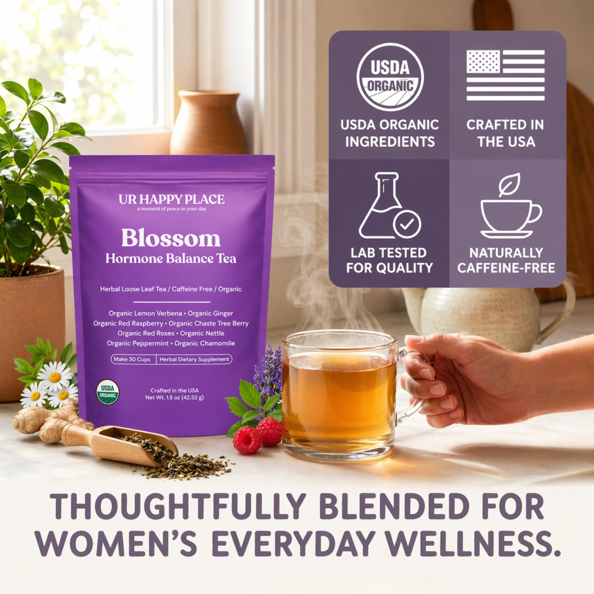 UR Happy Place Hormone Balance tea peppermint leaf for a refreshing aroma.