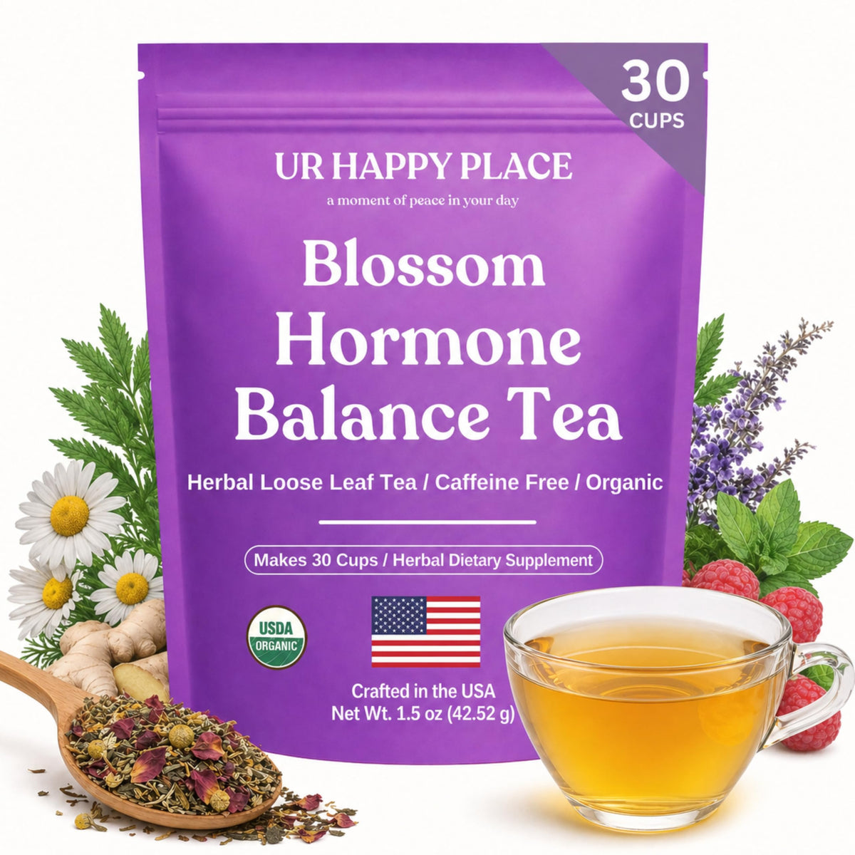 UR Happy Place Hormone Balance tea with red raspberry leaf promotes daily balance.