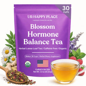UR Happy Place Hormone Balance tea with red raspberry leaf promotes daily balance.