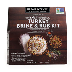 Urban Accents Gourmet Gobbler turkey brine kit packaging with BPA-free bag for easy brining.
