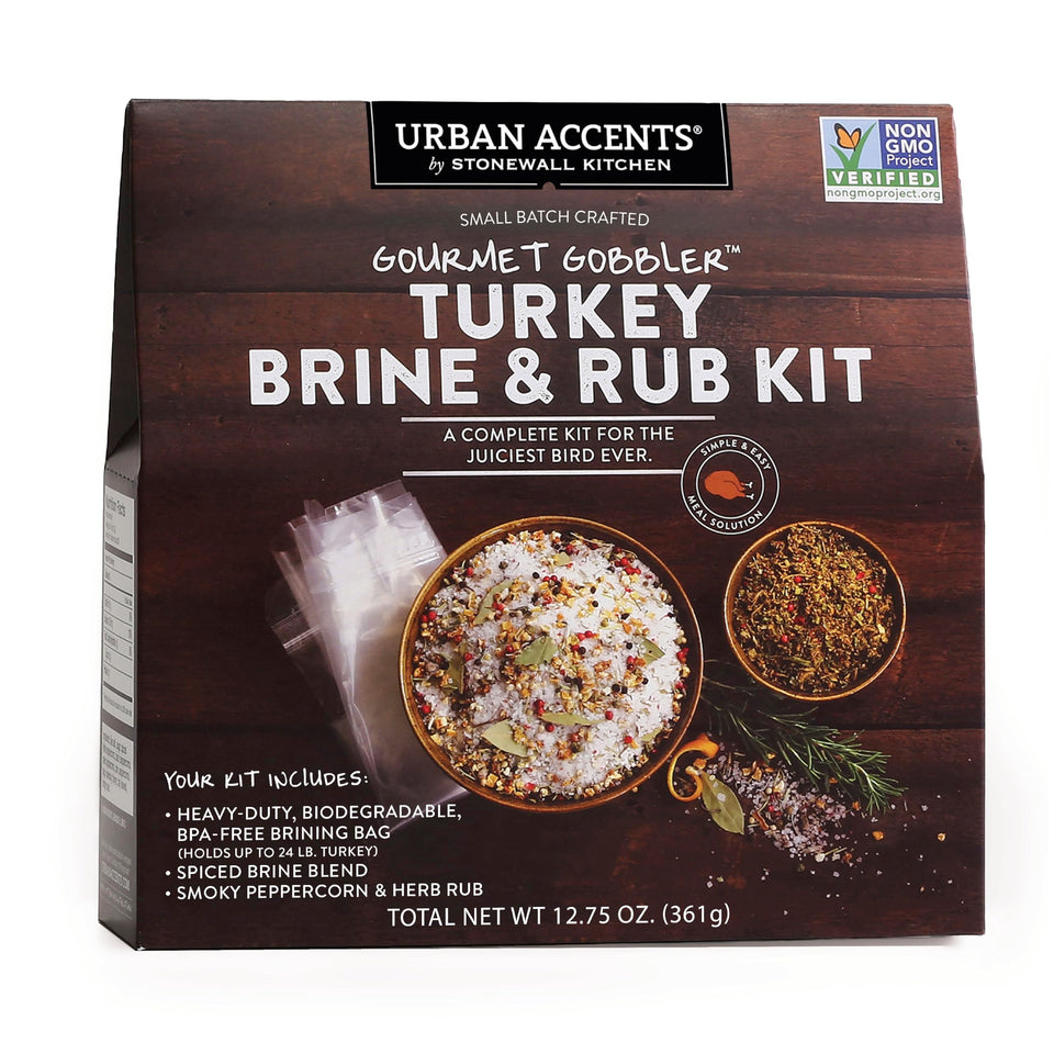 Urban Accents Gourmet Gobbler turkey brine kit packaging with BPA-free bag for easy brining.