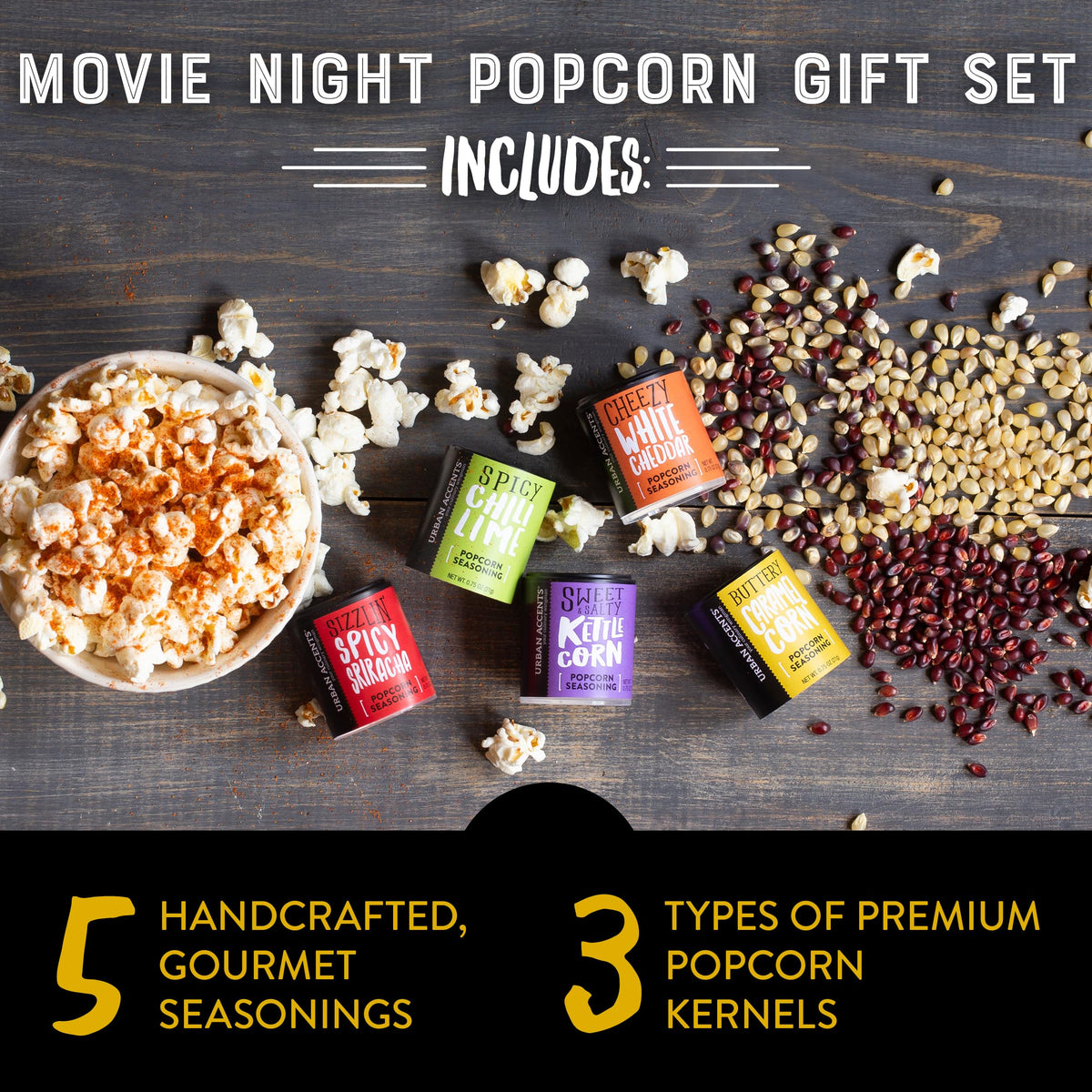 Urban Accents popcorn kernel varieties in clear jars, ideal for flavor exploration.