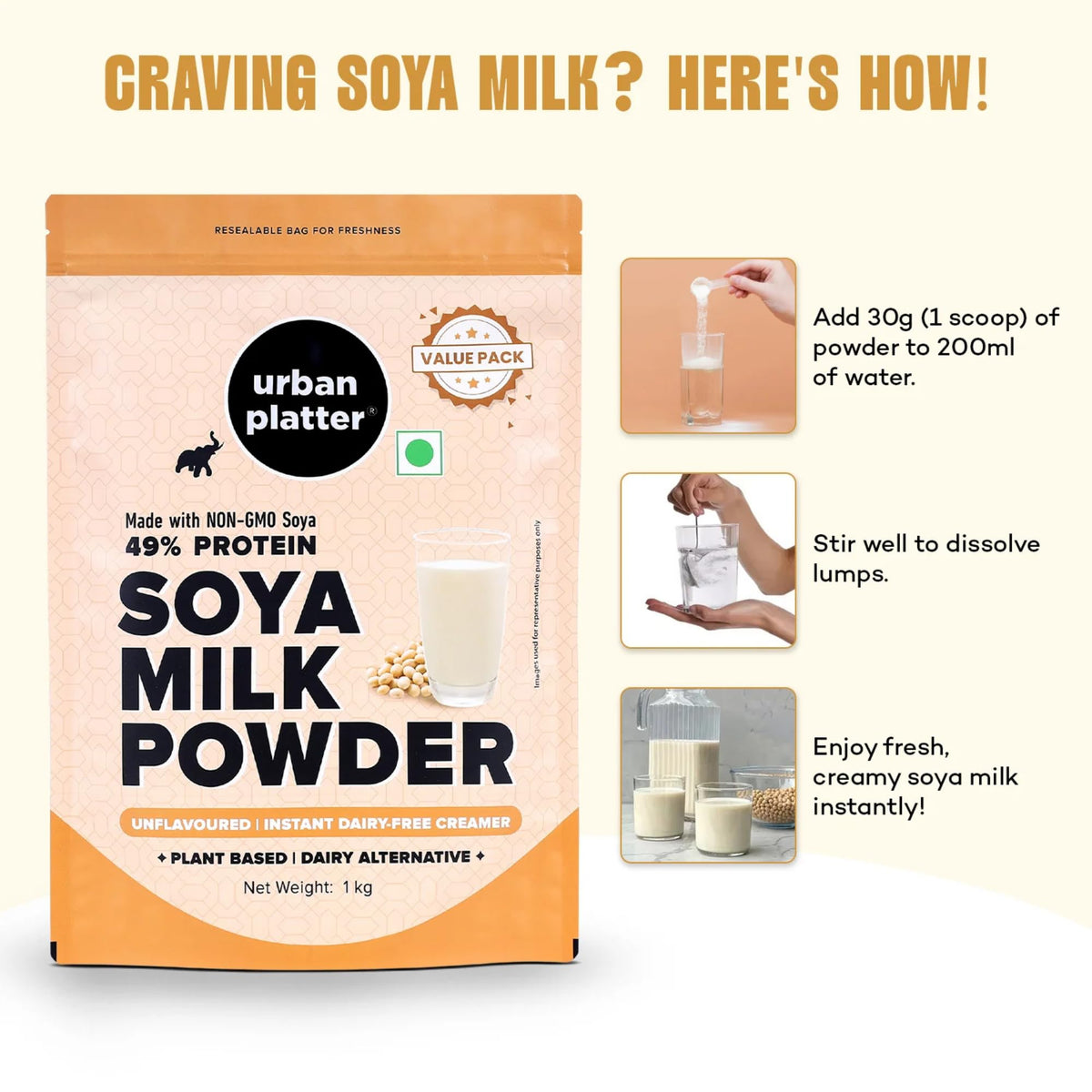 Urban Platter Soya Milk Powder creates café-style foam in coffee