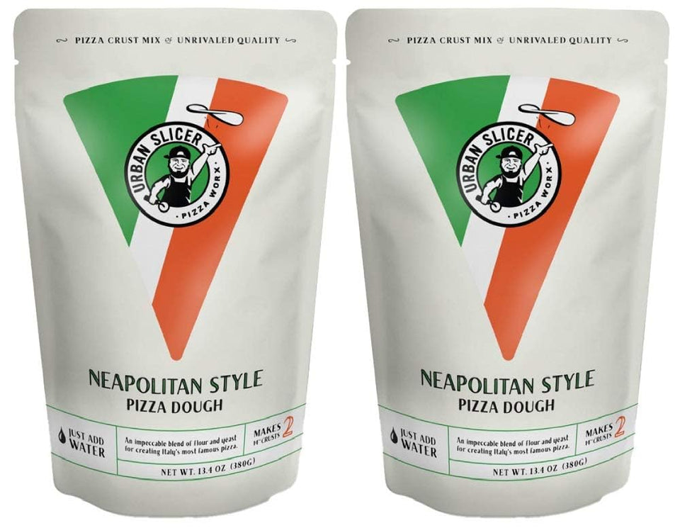 Urban Slicer Pizza Worx dough mix packaging shows two bags for home pizza.
