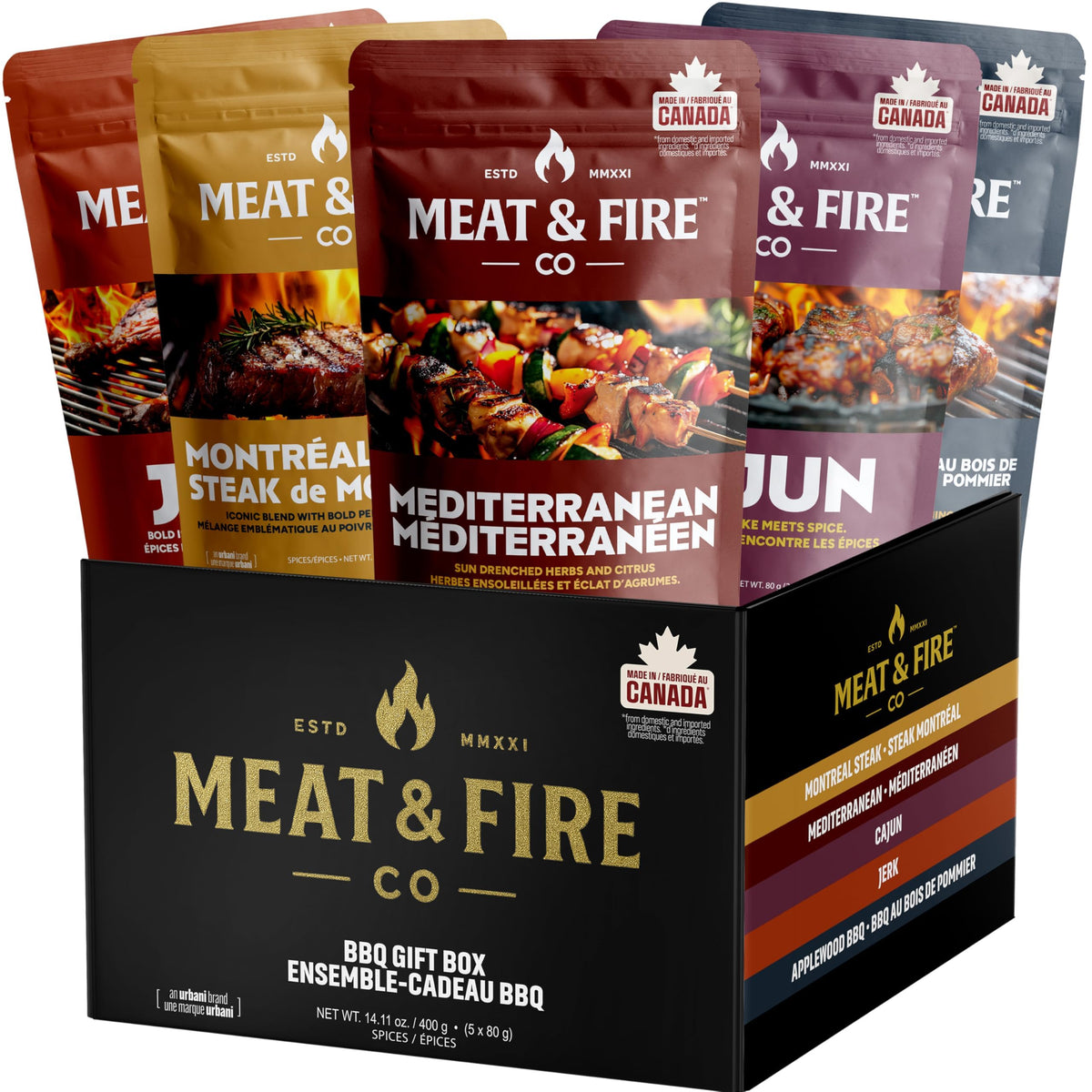 Urbani BBQ gift set front view showcasing the gold foil box, ideal for grilling enthusiasts